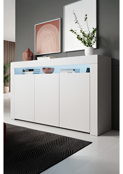 Konsol LED Aydınlatmalı Şık Raflı Modern ve Zarif Konsol Beyaz Mat Büfe