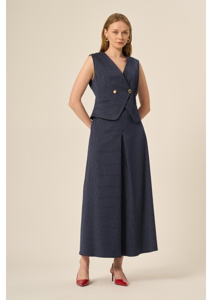 Kadın Yelek Etek Çizgili Takım Lacivert modelleri