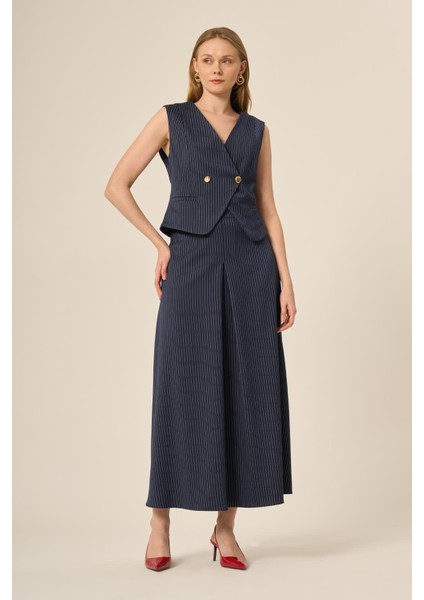 Kadın Yelek Etek Çizgili Takım Lacivert indirimleri