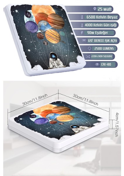 Space-Astronot Avize-Led AVIZE-25WATT-30CM x 30CM, Çocuk Odası Avize, Avize Modelleri