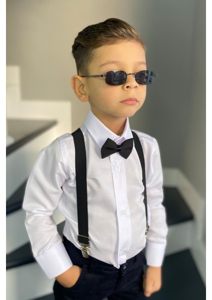 Erkek Çocuk Beyaz Gömlek Siyah Askı Papyon Takım