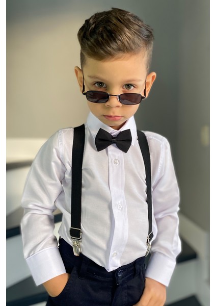 Erkek Çocuk Beyaz Gömlek Siyah Askı Papyon Takım modelleri