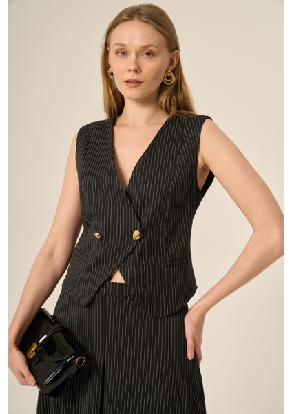 Kadın Yelek Etek Çizgili Takım Siyah indirimleri