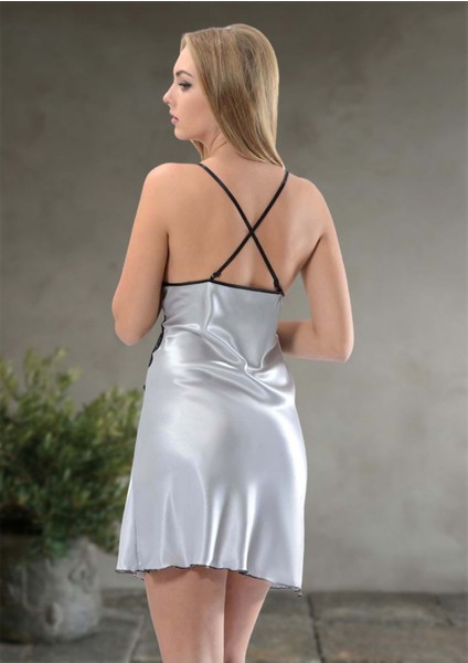 Gri Dantelli Saten Gecelik - M-386 indirimleri