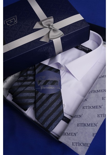 Beyaz Saten & Lacivert Çizgi Desen Hediye Kutulu Gömlek Kravat Seti fırsatları