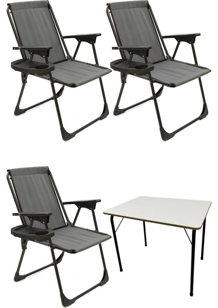3'lü Katlanır Piknik Sandalyeleri, Oval Bardaklıklı, Gri, Mdf Masa ile Uyumlu