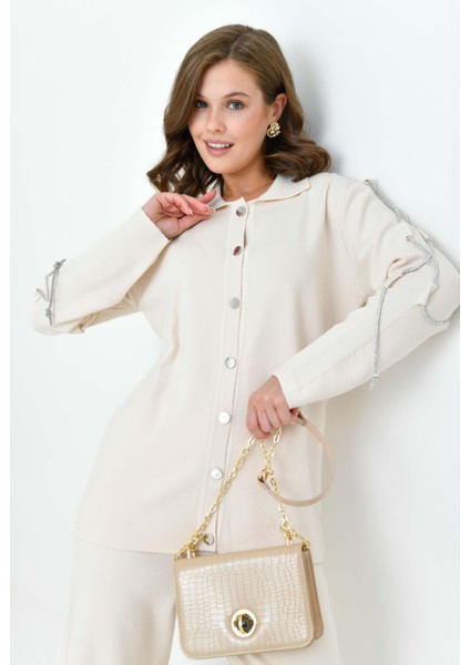 Kadın Kol Detaylı Ikili Takım Ekru modelleri