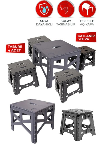 Gri Katlanabilir Taşınabilir Kamp ve Piknik Masası ile 4 Tabure Seti