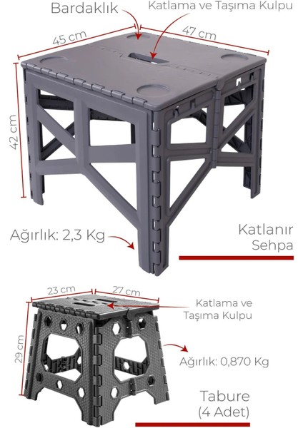 Gri Katlanabilir Taşınabilir Kamp ve Piknik Masası ile 4 Tabure Seti