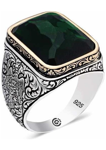 Gümüş Zirkon Yeşil Taşlı Kare Erkek Yüzük - 31