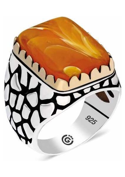 ​gümüş Turuncu Sıkma Kehribar Taşlı Kare Erkek Yüzük - 21