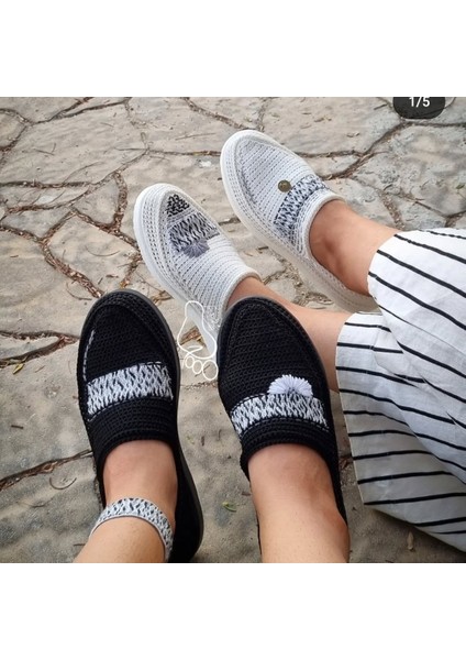 Siyah Örgülü Beyaz Nakışlı El Dokuması Kadın Espadril