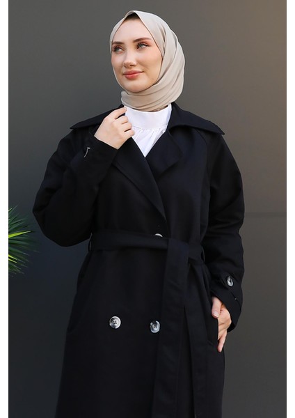 Selvi Kuşaklı Trenç Siyah
