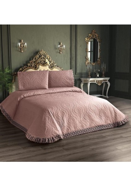 Kapitone Yatak Örtüsü Takımı Çift Kişilik Pudra 1 Yatak Örtüsü 225X250CM + 2 Yastık Kılıfı 60X80CM