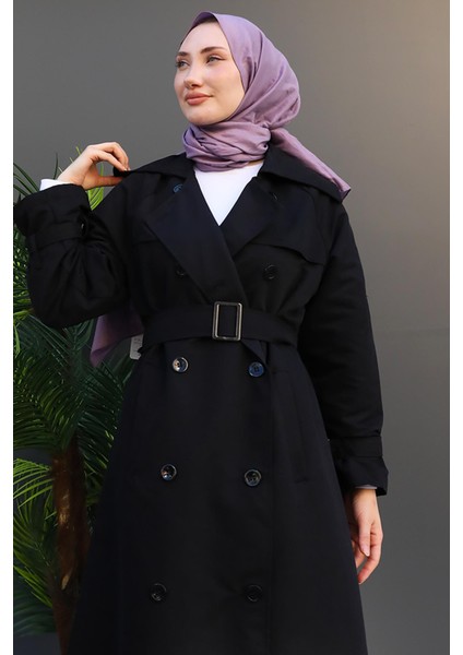 Düğmeli Kruvaze Trenç Siyah
