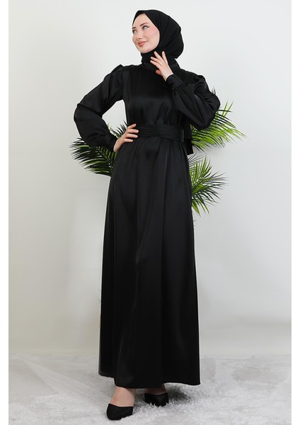 Kemerli Saten Elbise Siyah