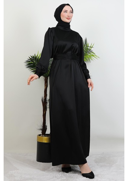 Kemerli Saten Elbise Siyah modelleri
