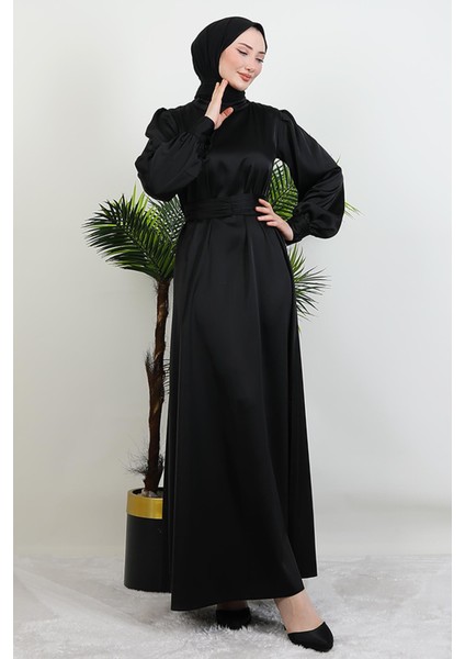 Kemerli Saten Elbise Siyah fırsatları