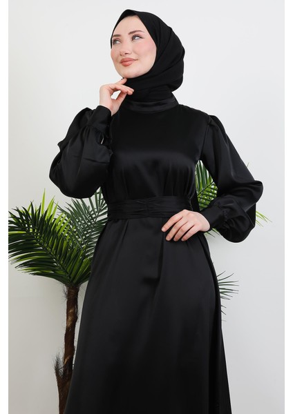 Kemerli Saten Elbise Siyah indirimleri