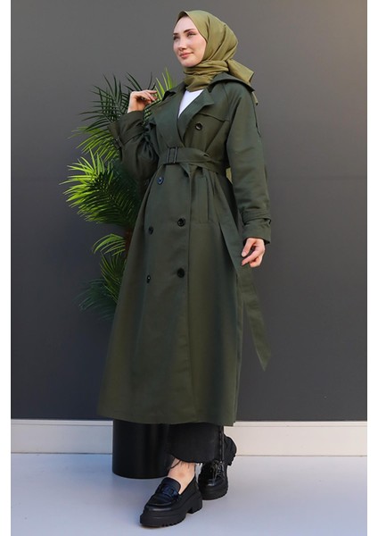 Düğmeli Kruvaze Trenç Haki