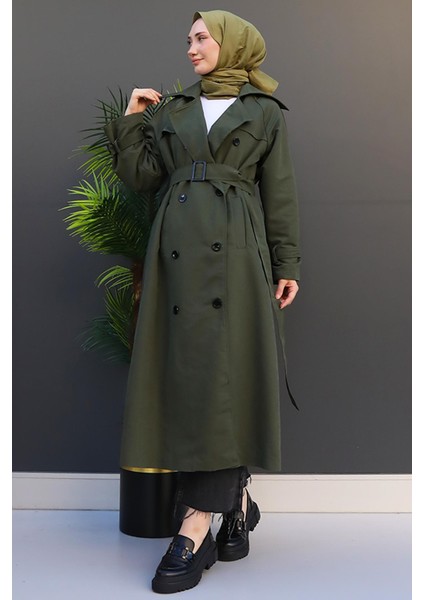 Düğmeli Kruvaze Trenç Haki modelleri