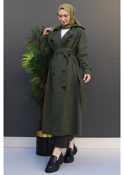 Düğmeli Kruvaze Trenç Haki fırsatları