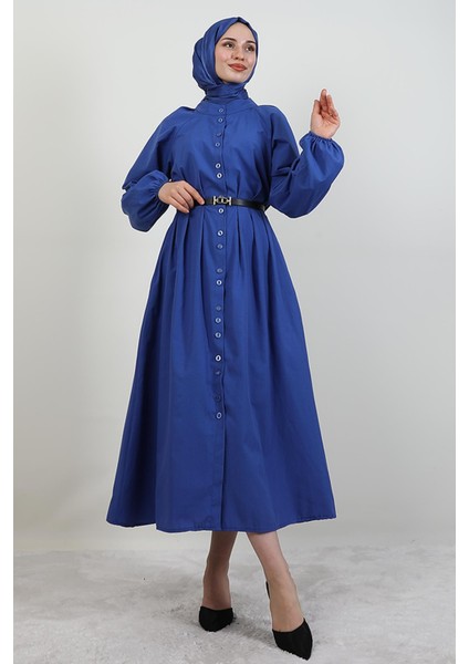 Tam Boy Düğmeli Elbise Koyu Mavi