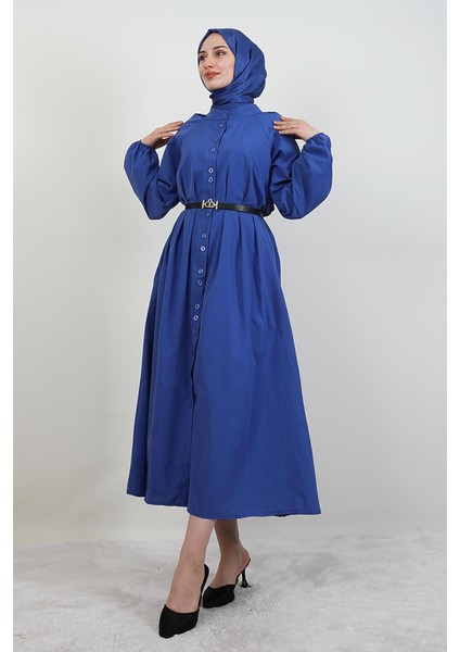 Tam Boy Düğmeli Elbise Koyu Mavi modelleri