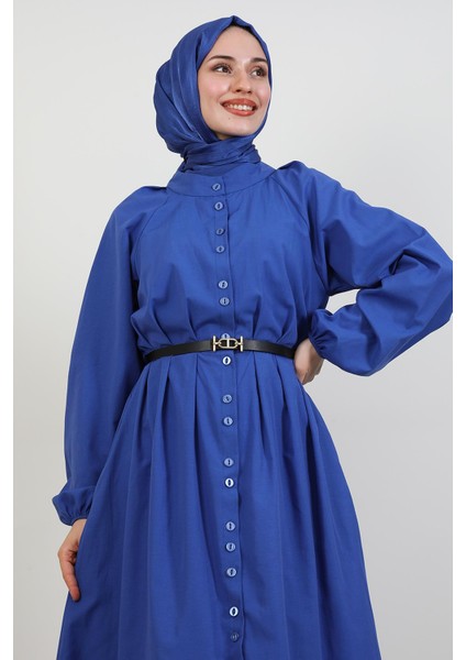 Tam Boy Düğmeli Elbise Koyu Mavi indirimleri