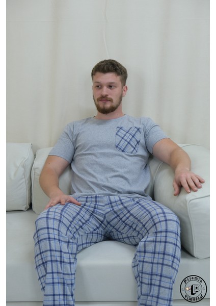 Açık Gri Ekose Desenli Kısa Kol Erkek Pijama Takımı fiyatları