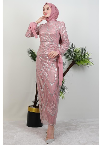 Sevil Simli Elbise Pudra