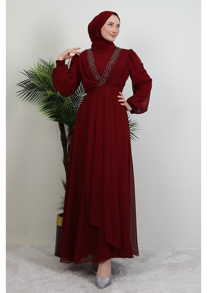Taşlı Çapraz Şifon Elbise Bordo