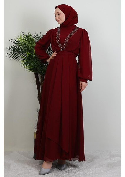 Taşlı Çapraz Şifon Elbise Bordo fiyatları