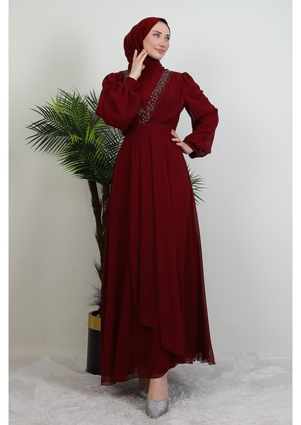 Taşlı Çapraz Şifon Elbise Bordo modelleri