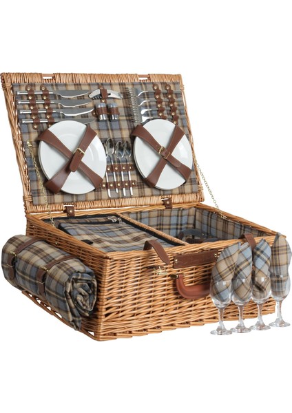 4 Kişilik Piknik Sepeti, 29 Parça, Soğutma Bölmeli, Hasır, Suni Deri Kayışlı