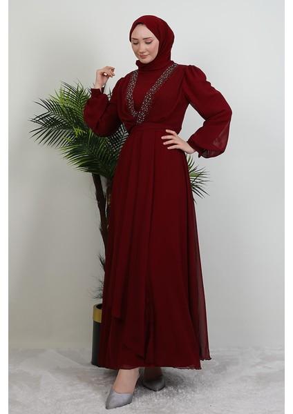 Taşlı Çapraz Şifon Elbise Bordo fırsatları