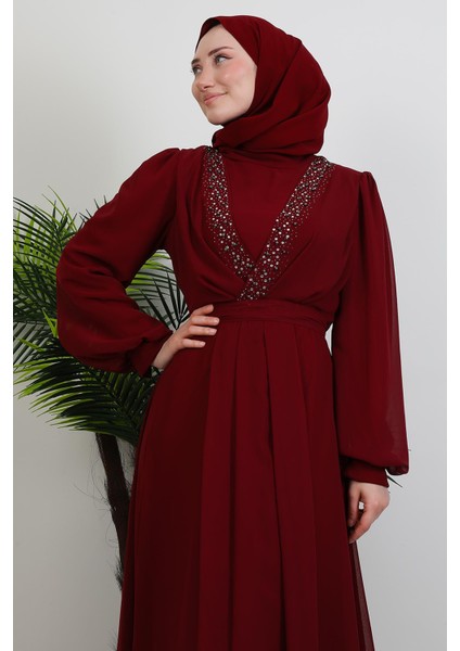 Taşlı Çapraz Şifon Elbise Bordo indirimleri