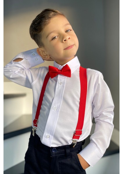 Erkek Çocuk Beyaz Gömlek Kırmızı Askı Papyon Takım