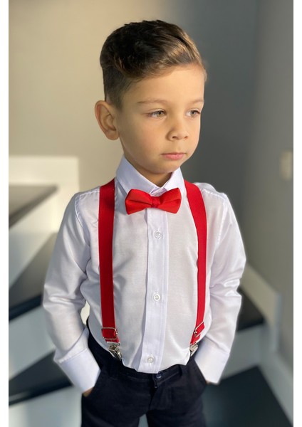 Erkek Çocuk Beyaz Gömlek Kırmızı Askı Papyon Takım modelleri
