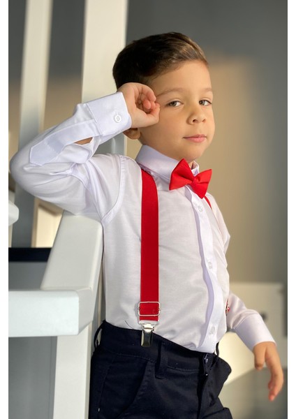 Erkek Çocuk Beyaz Gömlek Kırmızı Askı Papyon Takım fırsatları