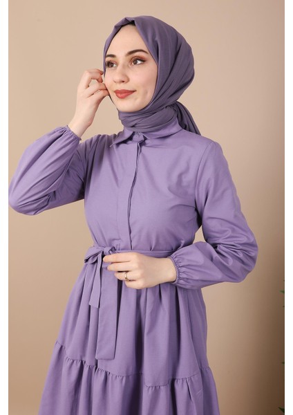 Standart Yaka Düğmeli Elbise Lila