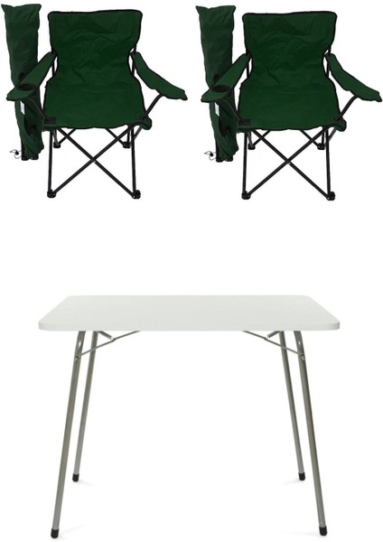 60X80 Katlanır Masa ve 2 Kamp Sandalyesi, Yeşil, Piknik ve Plaj Için Ideal Set
