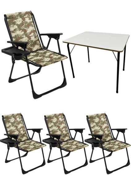 4'lü Kamp Sandalyesi ve Katlanabilir Mdf Masa Seti, Kamuflaj Desenli