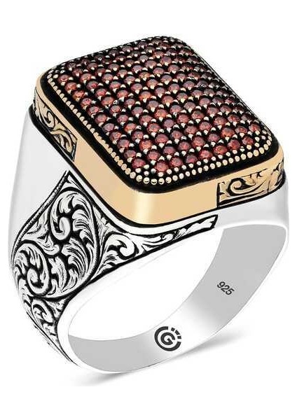 Gümüş Kırmızı Zirkon Taşlı Kare Erkek Yüzük - 22