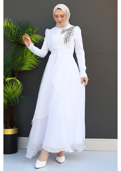 Taşlı Organze Abiye Beyaz