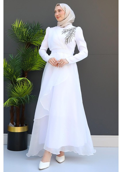 Taşlı Organze Abiye Beyaz