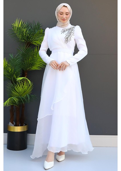 Taşlı Organze Abiye Beyaz