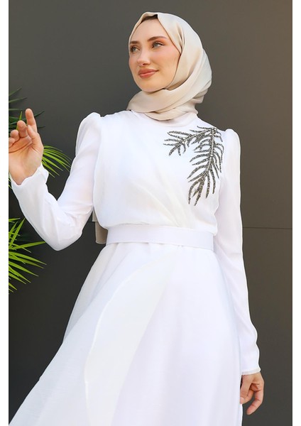 Taşlı Organze Abiye Beyaz