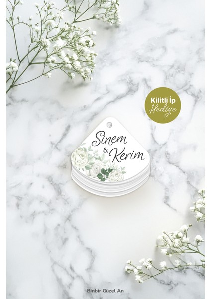 Düğün, Kına Gecesi, Nişan Vb. Için Soft Üçgen Etiket (100 Adet - 4x3,5 Cm) - Kilitli Ip Hediyeli