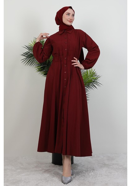 Çift Cepli Poplin Elbise Bordo
